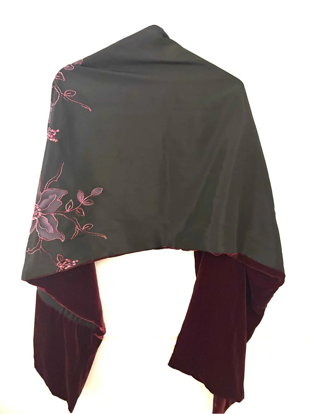 HANDMADE Double Sided Wrap Burgandy Velvet/Hand Embroidered Flowers on Taffeta